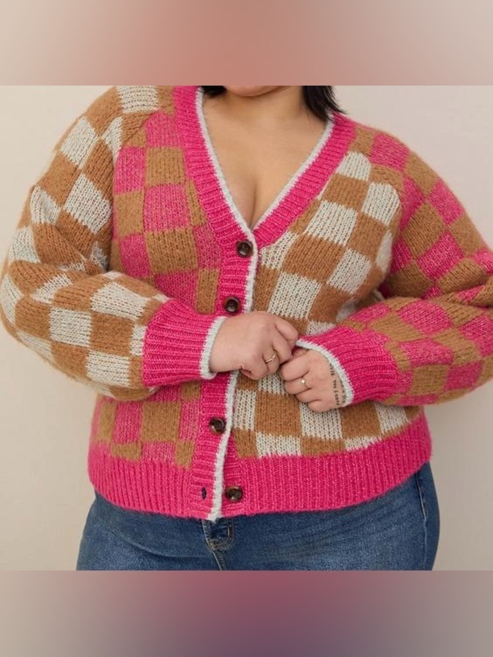 Torrid Chunky Cardigan V-Neck Button Front Sweater pink tan checkered